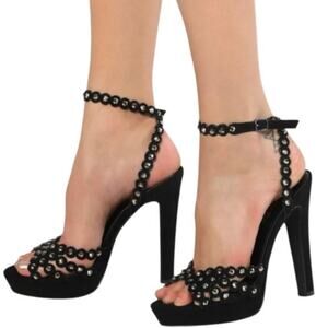 Lulus Black Suede High Heel Sandals Women's 8 Rhinestone Sexy Party Strappy Glam